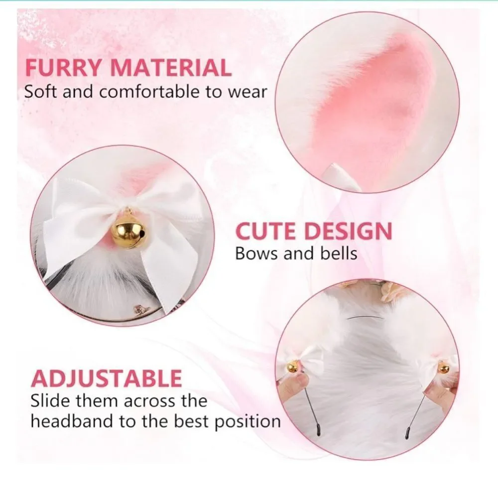 Cat Ears Fox Headband Cosplay Fluffy Ribbon Bell Furry Faux Fur Halloween pink